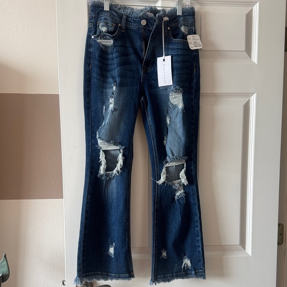 Dark Blue Distressed Flare Jeans